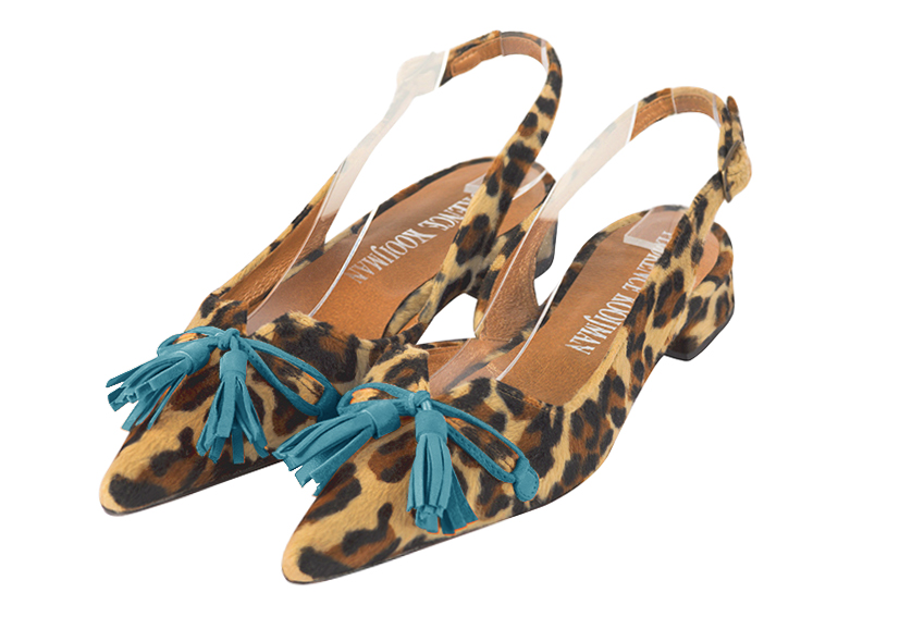 Safari black and peacock blue women's open back shoes, with a knot. Pointed toe. Flat flare heels. Front view - Florence KOOIJMAN